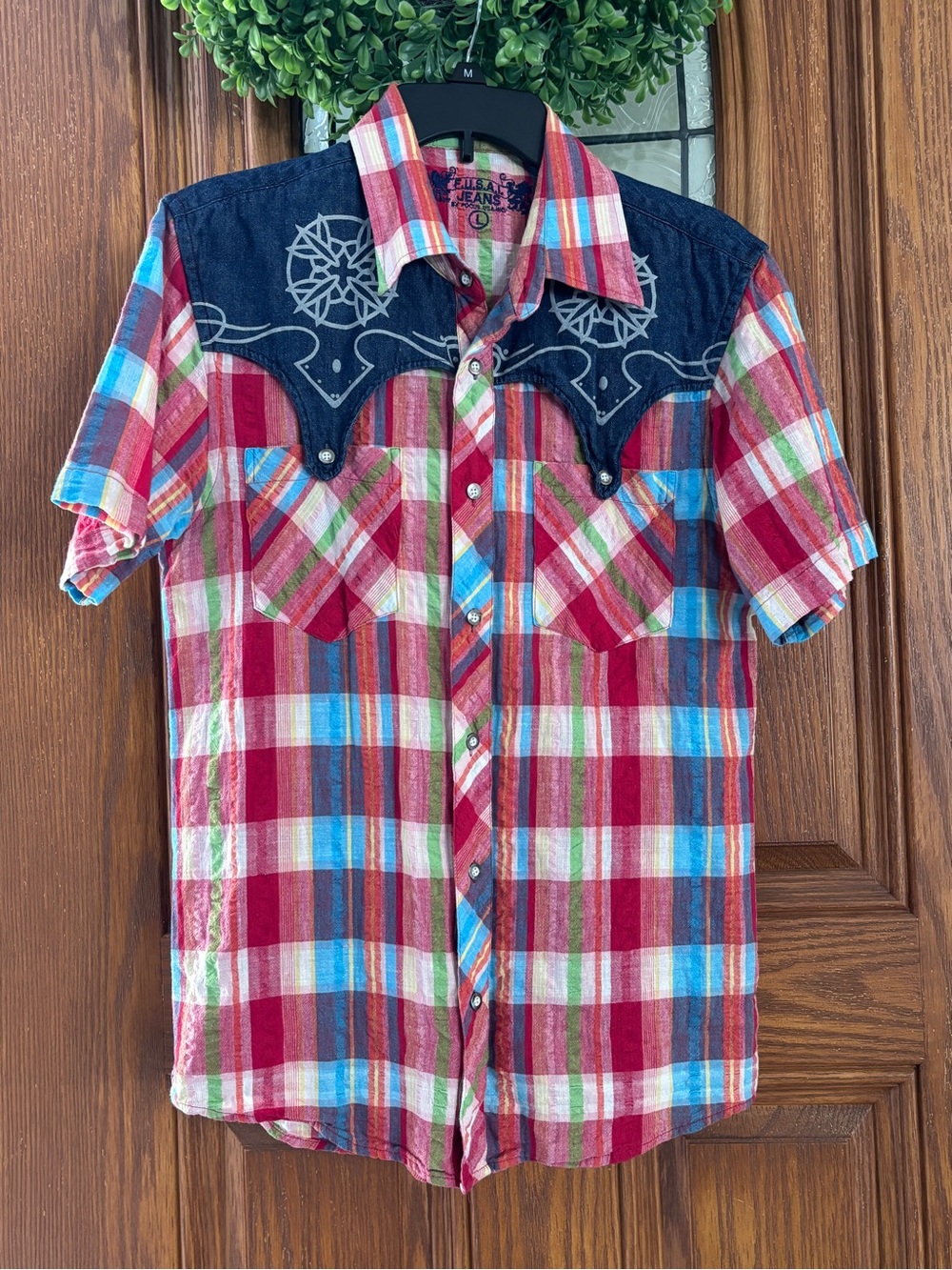 Vintage F.U.S.A.I. Jeans Western Snap Shirt Men’s L 90s Y2K Plaid Denim Rodeo